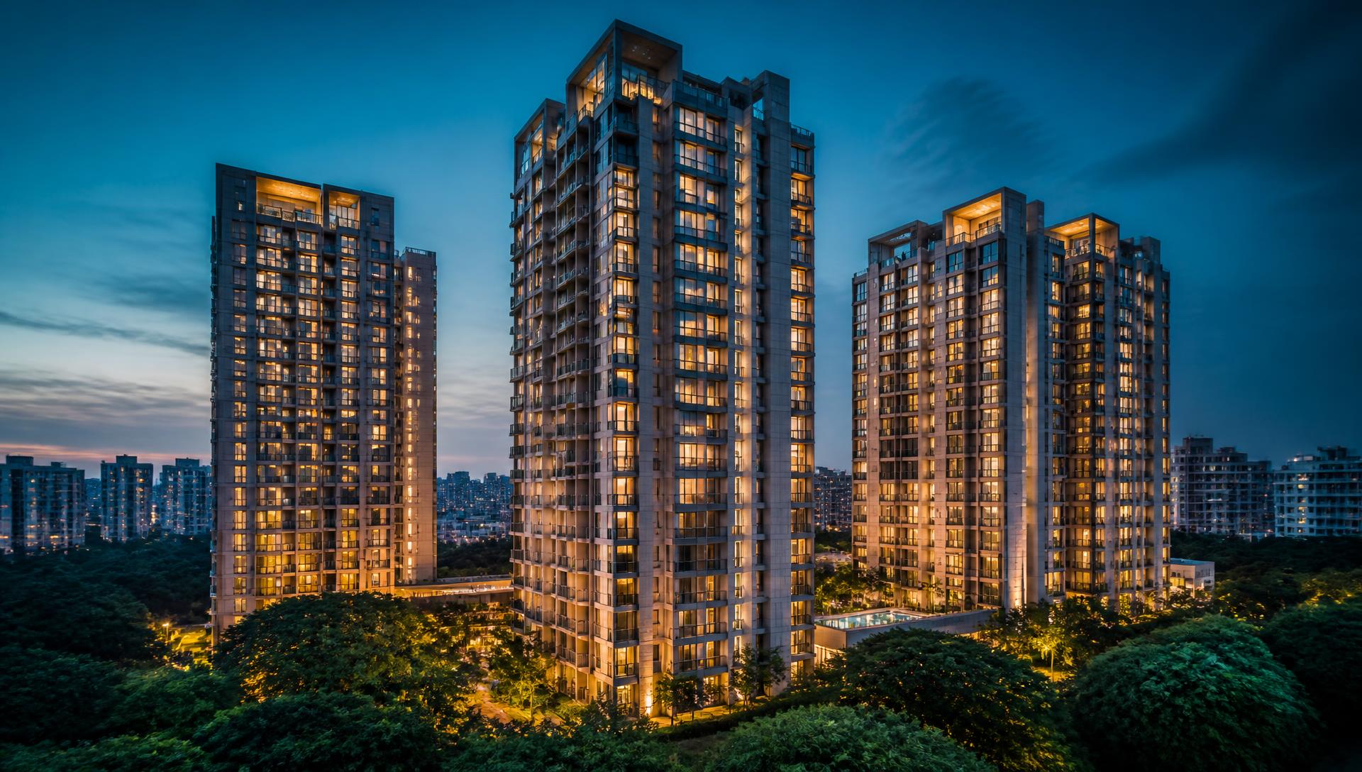 Modern residential towers at dusk in Dhaka, Bangladesh